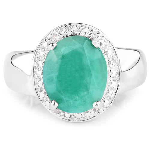 Bids.com 4.72 Carat Genuine Emerald and White Diamond .925 Sterling Silver Ring Rings