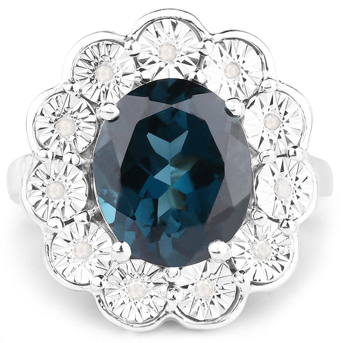 Bids.com 5.11 Carat Genuine London Blue Topaz and White Diamond .925 Sterling Silver Ring Rings