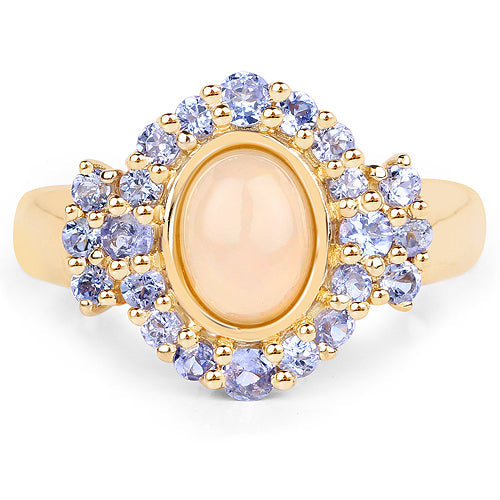 Bids.com 14K Yellow Gold Plated 1.74 Carat Genuine Ethiopian Opal and Tanzanite .925 Sterling Silver Ring Rings