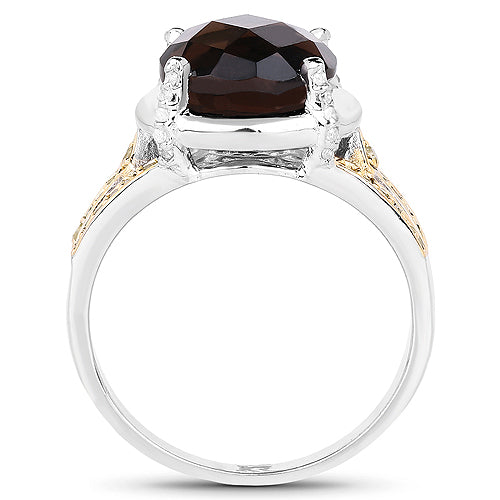 Bids.com 3.28 Carat Genuine Smoky Quartz, Yellow Diamond & White Diamond .925 Sterling Silver Ring Rings