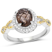 Bids.com 1.90 Carat Genuine Smoky Quartz, Yellow Diamond & White Diamond .925 Sterling Silver Ring Rings