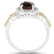 Bids.com 1.90 Carat Genuine Smoky Quartz, Yellow Diamond & White Diamond .925 Sterling Silver Ring Rings