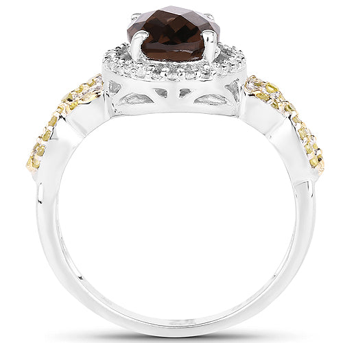 Bids.com 1.90 Carat Genuine Smoky Quartz, Yellow Diamond & White Diamond .925 Sterling Silver Ring Rings