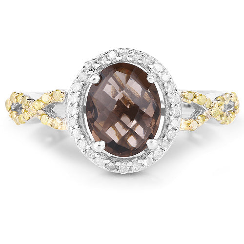 Bids.com 1.90 Carat Genuine Smoky Quartz, Yellow Diamond & White Diamond .925 Sterling Silver Ring Rings
