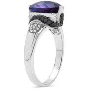 Bids.com 3.71 Carat Genuine Amethyst, Black Diamond & White Diamond .925 Sterling Silver Ring Rings