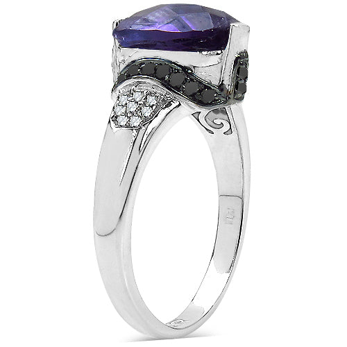 Bids.com 3.71 Carat Genuine Amethyst, Black Diamond & White Diamond .925 Sterling Silver Ring Rings