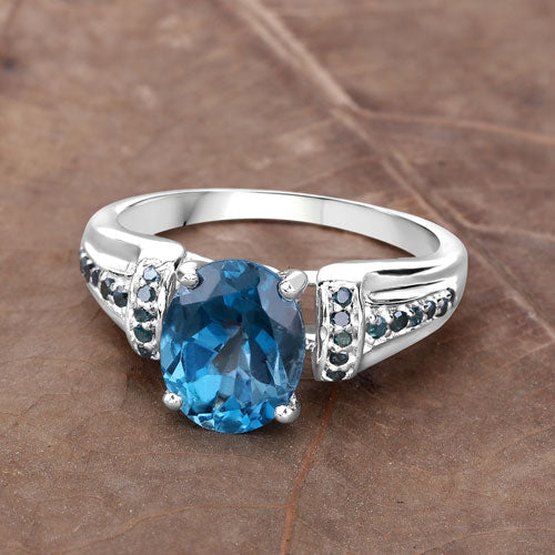 Bids.com 2.72 Carat Genuine London Blue Topaz and Blue Diamond .925 Sterling Silver Ring Rings