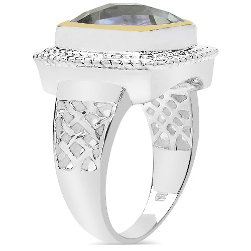 Bids.com 6.31 Carat Genuine Green Amethyst & White Diamond .925 Sterling Silver Ring Rings