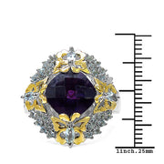 Bids.com 3.91 Carat Genuine Amethyst, Blue Topaz & White Diamond .925 Sterling Silver Ring Rings