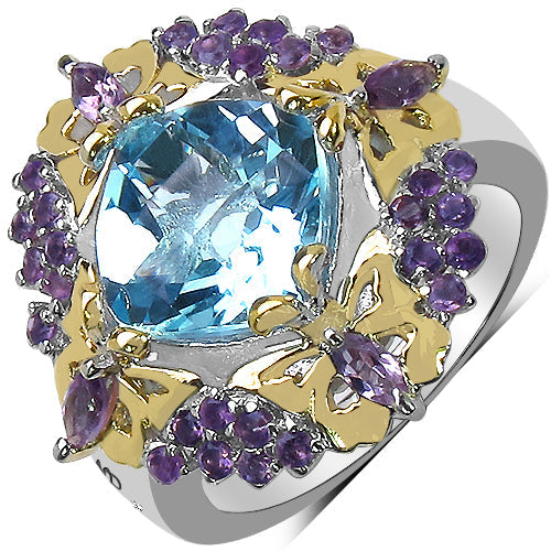 Bids.com 5.66 Carat Genuine Blue Topaz, Amethyst & White Diamond .925 Sterling Silver Ring Rings