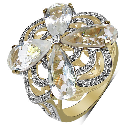 Bids.com 14K Yellow Gold Plated 6.69 Carat Genuine Crystal Quartz & White Diamond .925 Sterling Silver Ring Rings