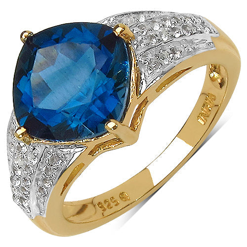 Bids.com 18K Yellow Gold Plated 3.83 Carat Genuine London Blue Topaz & White Topaz .925 Sterling Silver Ring Rings
