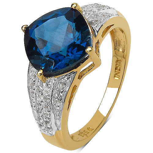 Bids.com 18K Yellow Gold Plated 3.83 Carat Genuine London Blue Topaz & White Topaz .925 Sterling Silver Ring Rings