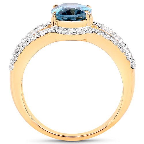 Bids.com 14K Yellow Gold Plated 2.30 Carat Genuine London Blue Topaz and White Topaz .925 Sterling Silver Ring Rings