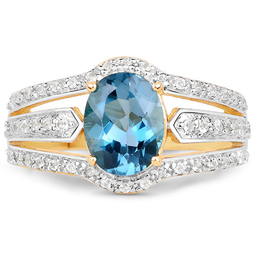 Bids.com 14K Yellow Gold Plated 2.30 Carat Genuine London Blue Topaz and White Topaz .925 Sterling Silver Ring Rings
