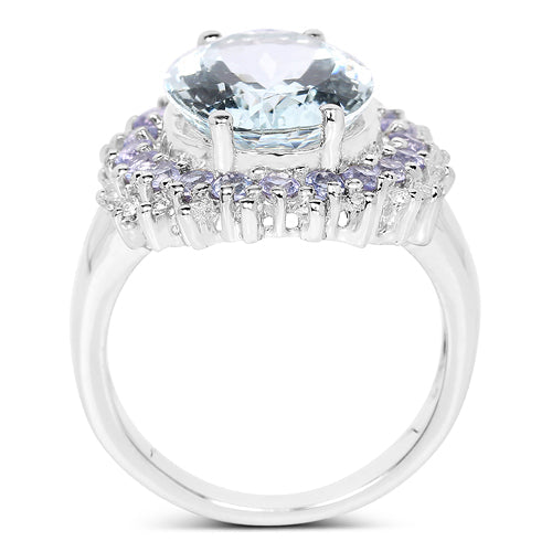 Bids.com 5.30 Carat Genuine Aquamarine, Tanzanite & White Topaz .925 Sterling Silver Ring Rings