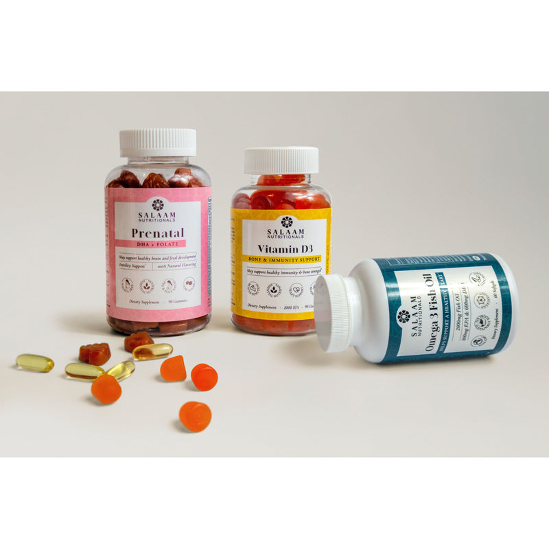 Salaam Nutritionals Halal Prenatal Bundle: Vitamin D3, Omega 3 Fish Oil & Prenatal Gummies (3 Bottles)