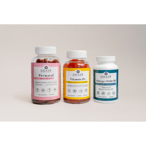 Salaam Nutritionals Halal Prenatal Bundle: Vitamin D3, Omega 3 Fish Oil & Prenatal Gummies (3 Bottles)