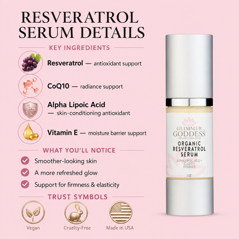 Glimmer Goddess® Organic Skin Care Organic Resveratrol Serum – Instant Firming Serums Misty Rose 1 oz.