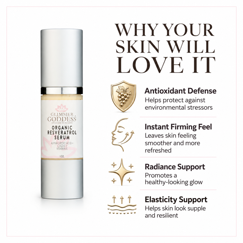 Glimmer Goddess® Organic Skin Care Organic Resveratrol Serum – Instant Firming Serums White Smoke 1 oz.