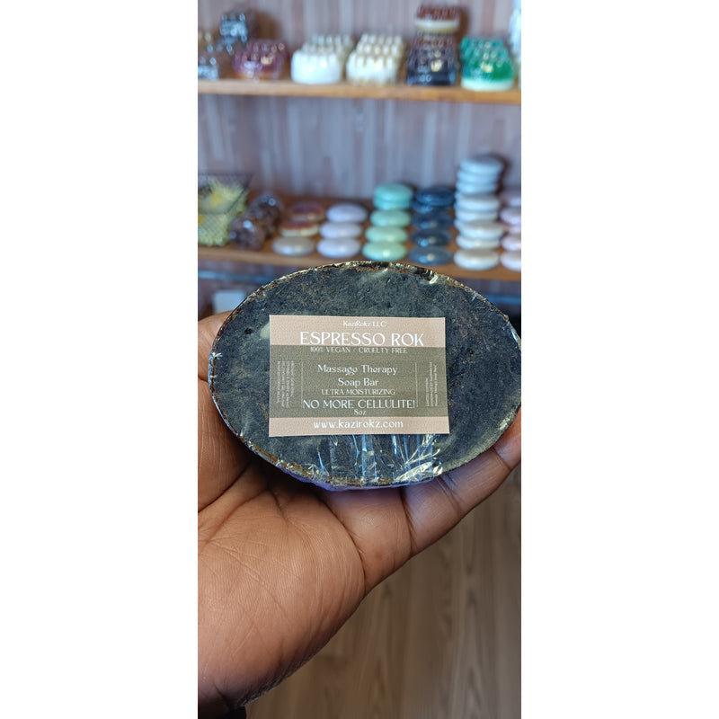 KaziRokz Espresso Rok Massage Therapy Soap Bar 5oz.(100% Vegan / Cruelty Free) Aloe Vera + Coffe Beans.