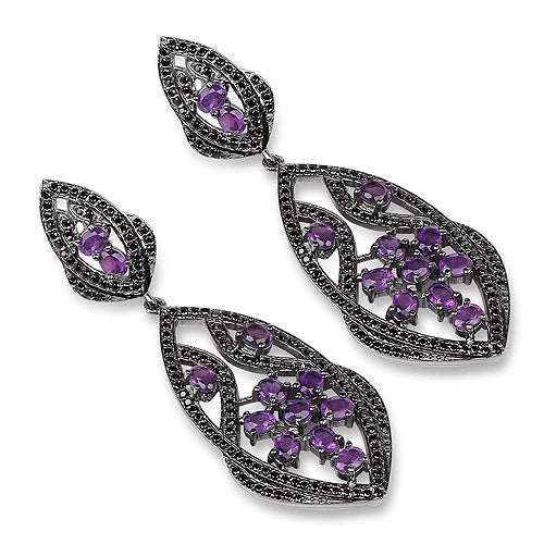 Bids.com 5.74 Carat Genuine Amethyst and Black Spinel .925 Sterling Silver Earrings Earrings