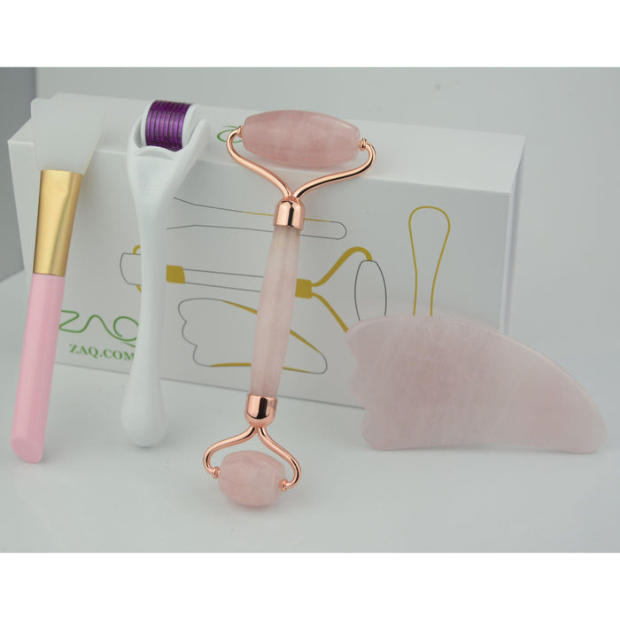 ZAQ Skin & Body - ZAQ Skin & Body -  Rose Facial Roller, Gua Sha, Brush and DERMA ROLLER Set