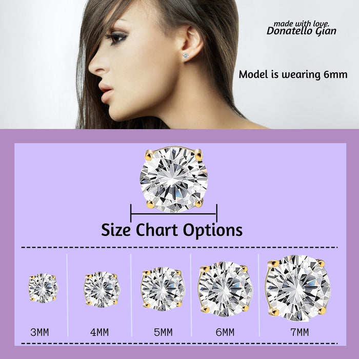 925 Sterling Silver Round Cut Cubic Zirconia Stud Earrings, 14K Yellow Gold Plated, Multiple Sizes Sparkling CZ Stone, Hypoallergenic, Perfect for Women and Girls