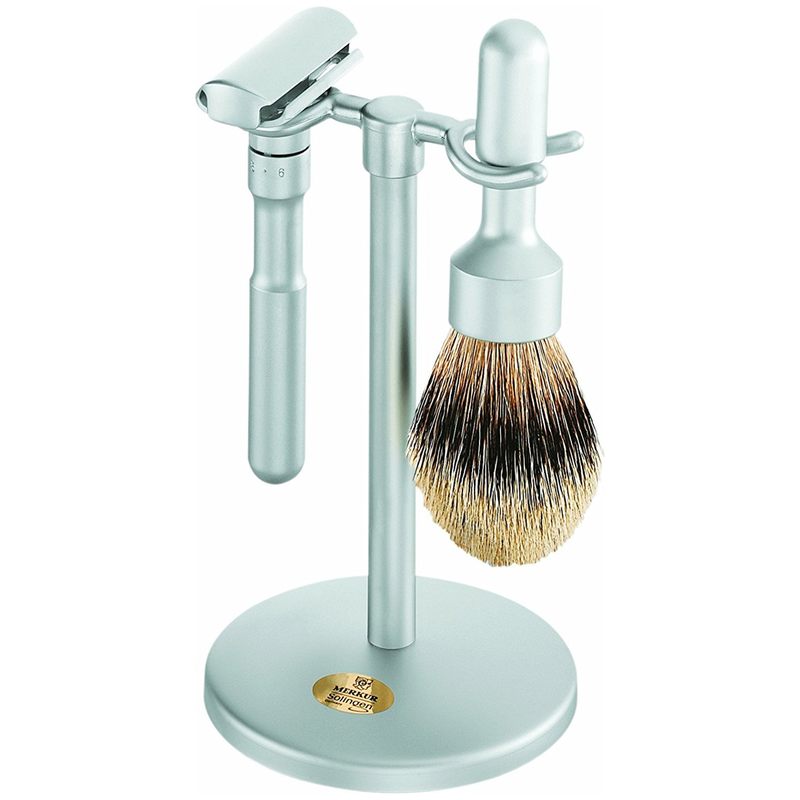 Merkur Merkur Futur Brushed Chrome Stand, Adjustable Safety Razor & Badger Brush 3 Piece Shaving Set Shaving Set