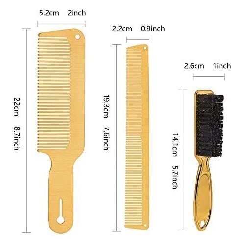 Professional Metal Styling Cutting Comb And Flat Top Clipper Comb Set Gold Color + Fade Brush