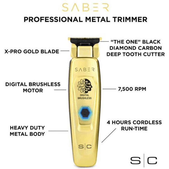 Professional Barber Combo Set Gold, Stylecraft Saber Trimmer #Sc405G, Carrying Case, Blade Storage, Straight Edge Razor, Clipper Grip, Fade Brush, Neck Duster, Flat Top Comb, Barber Hair Spray, Hair Clips, Barber Mat