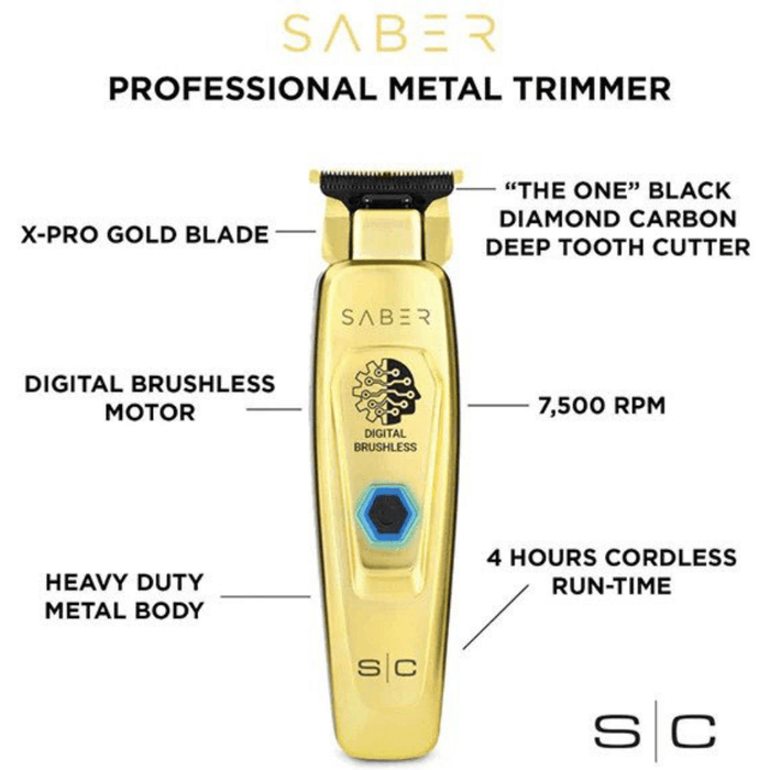 Stylecraft Saber Trimmer Gold #Sc405G & Allen J. 2600 Apache Nano Tech Hair Blow Dryer Lightweight Salon 2100W Combo Set