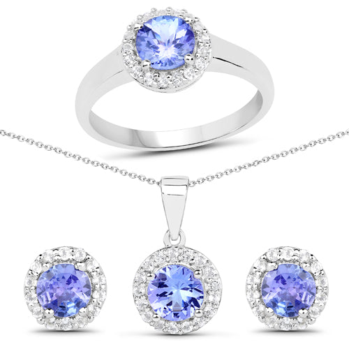 Bids.com 3.77 Carat Genuine Tanzanite and White Topaz .925 Sterling Silver 3 Piece Jewelry Set (Ring, Earrings, and Pendant w/ Chain) Jewelry Sets