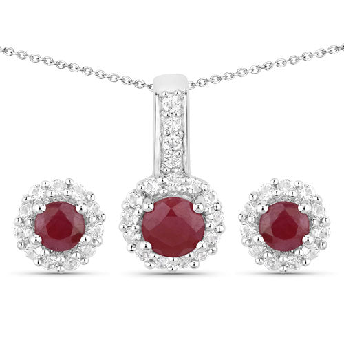 Bids.com 2.17 Carat Genuine Ruby and White Topaz .925 Sterling Silver Jewelry Set Jewelry Sets