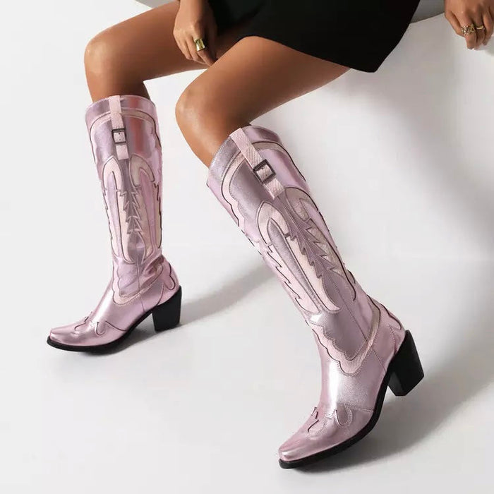 Shiny Metallic Embroidery Knee High Western Cowboy Boots For Women