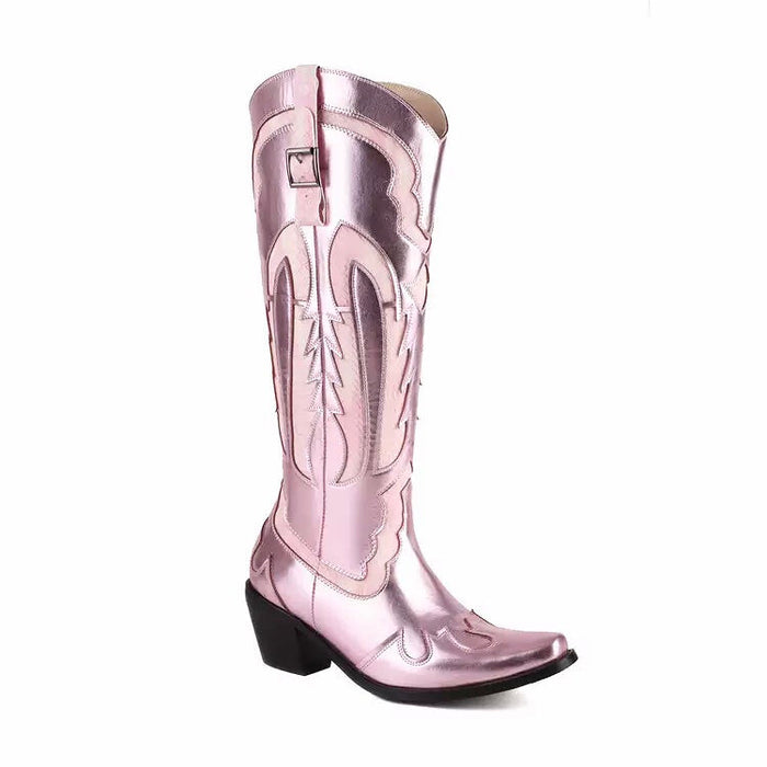 Shiny Metallic Embroidery Knee High Western Cowboy Boots For Women