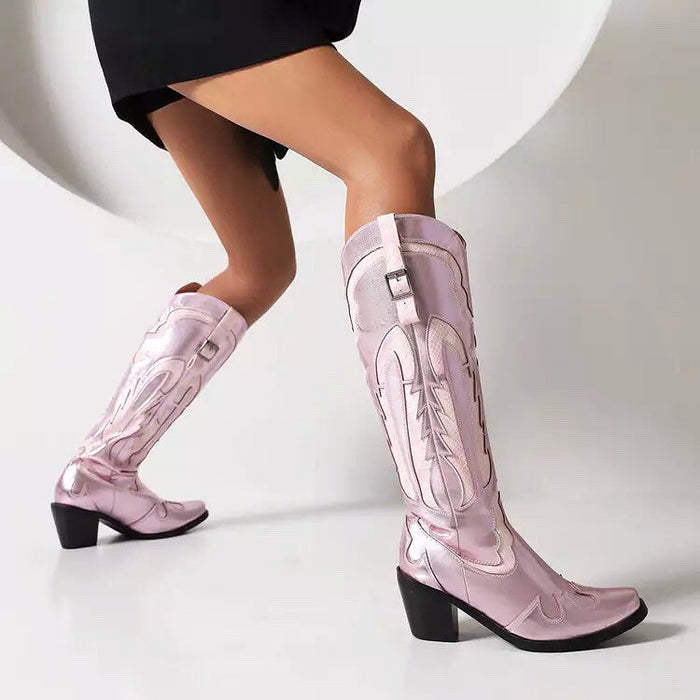 Shiny Metallic Embroidery Knee High Western Cowboy Boots For Women