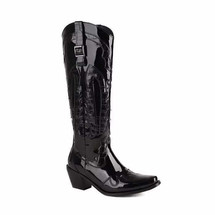 Shiny Metallic Embroidery Knee High Western Cowboy Boots For Women