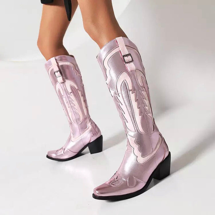 Shiny Metallic Embroidery Knee High Western Cowboy Boots For Women