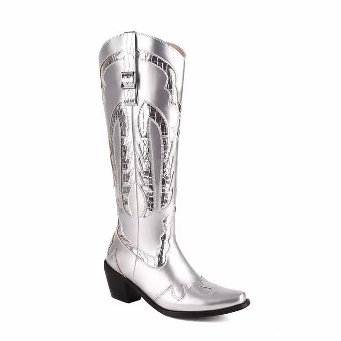 Shiny Metallic Embroidery Knee High Western Cowboy Boots For Women