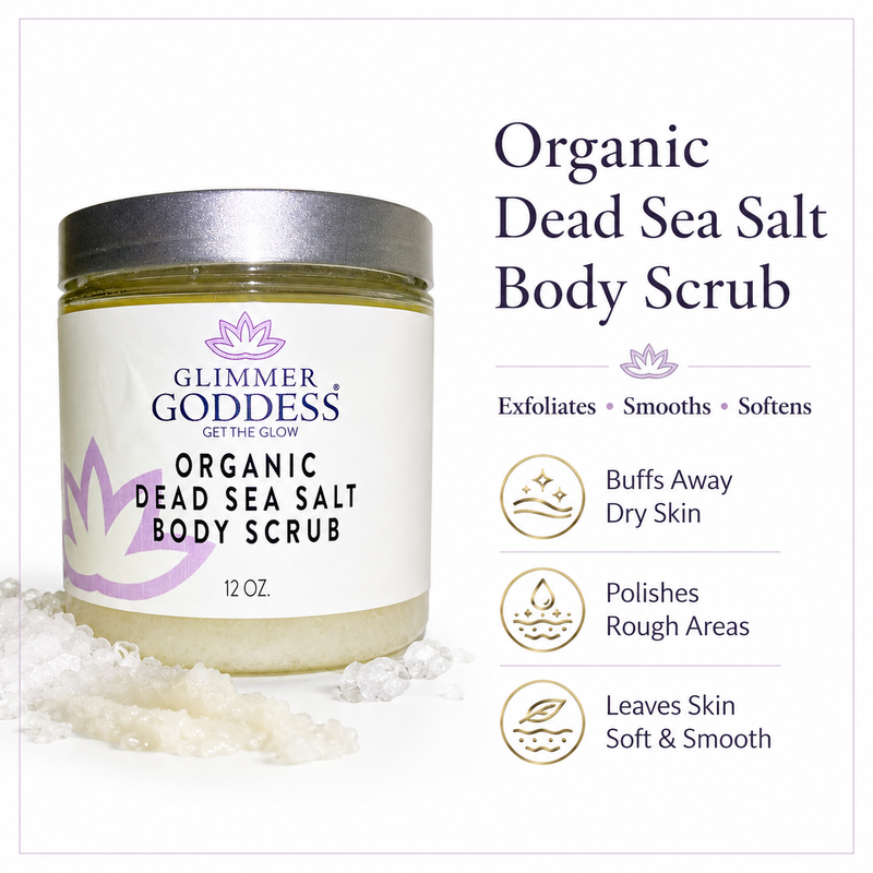 Glimmer Goddess® Organic Skin Care Organic Dead Sea Salt Body Scrub – Exfoliates, Detoxifies & Firms Skin Bath & Body White Smoke 12 oz / Espresso Coffee,12 oz / Unscented