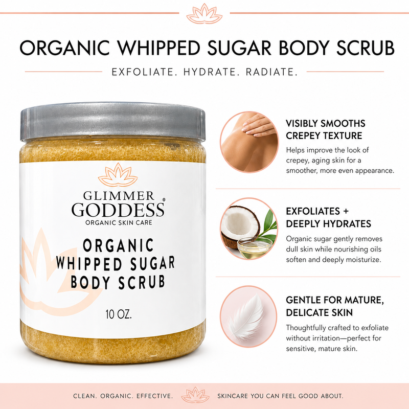 Glimmer Goddess® Organic Skin Care Organic Whipped Sugar Body Scrub 10 oz – Crepey Skin Treatment & Exfoliator Body Scrubs & Exfoliants White Smoke Lavender Lemon,Autumn Breeze,Candy Cane,Caribbean Breeze,Christmas Cookie,Cinnamon Apple,Citrus Crush,Coastal Reverie,Coconut Lime,Coconut Vanilla,Enchanted Forest,Love Potion No. 9,Midnight Romance,Neroli (Sweet Orange),Orange Creamsicle,Passion Bloom,Pe