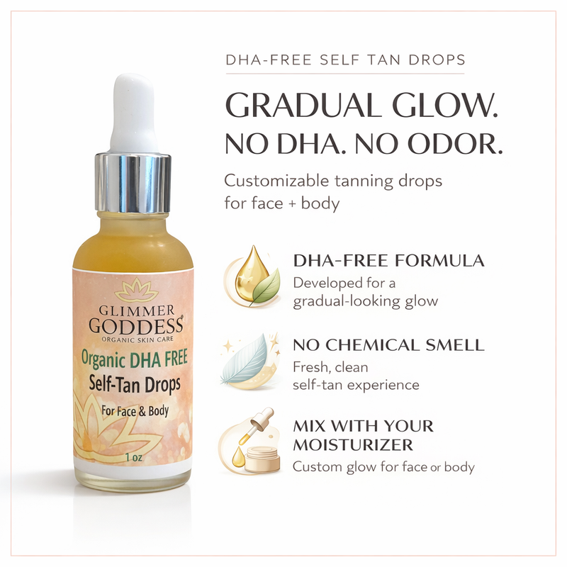 Glimmer Goddess® Organic Skin Care Organic DHA Free Tanning Drops – Gradual, No‑Odor Glow Self Tanner White Smoke Lightly Scented,Unscented