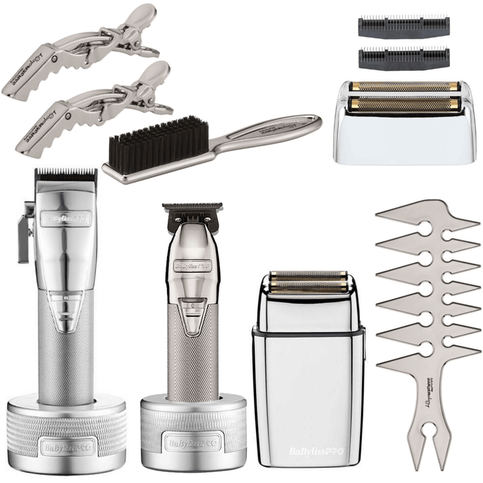 Babylisspro Silverfx Bundle Set Cord/Cordless Clipper #Fx870S & Skeleton Trimmer #Fx787S & Double Foil Shaver #Fxfs2 & Barberology Trio Mix & Shaver Replacement Head Combo Set