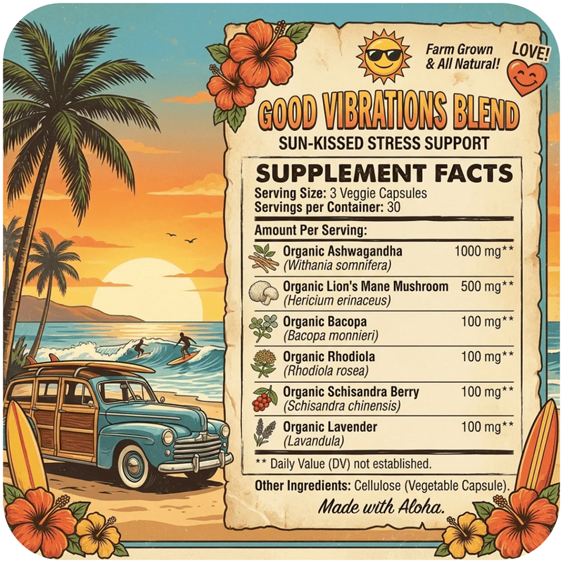 Hippie Farms Stress Support - Good Vibrations Blend - Ashwagandha, Lions Mane, & More Vitamins & Supplements Tan