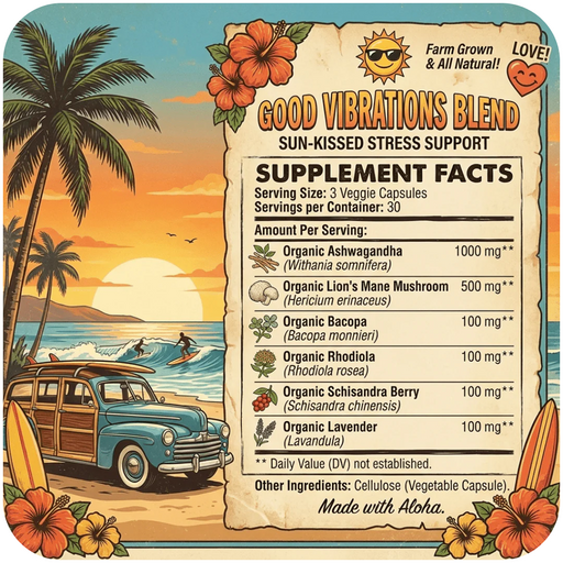 Hippie Farms Stress Support - Good Vibrations Blend - Ashwagandha, Lions Mane, & More Vitamins & Supplements Tan