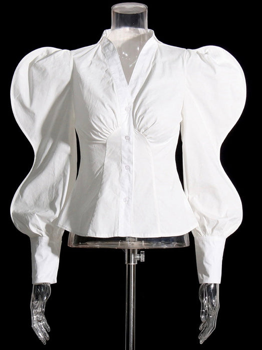 Slim Shirt For Women V Neck Puff Sleeve Solid Ruched Minimalist Button Through Blouses