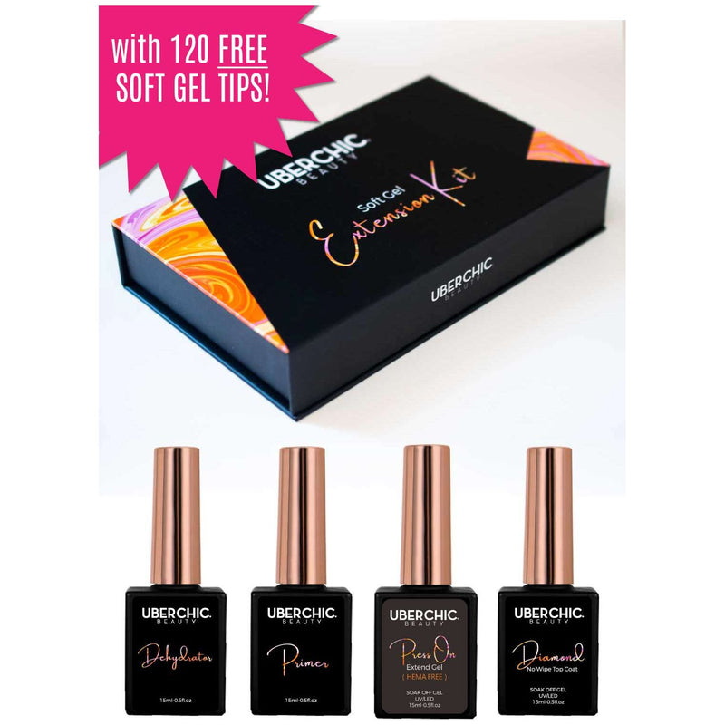 UberChic Beauty [HEMA-Free] Soft Gel Kit: 3-Step Soak Off Nail Extension System with Bonus Gel Top Coat + FREE Soft Gel Tips! False Nails