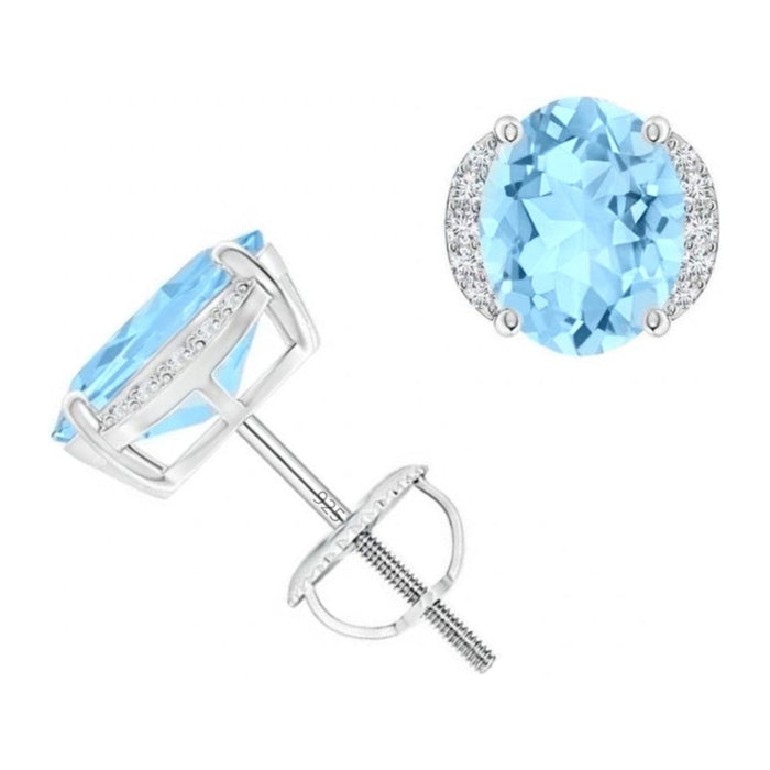 Sterling Silver 925 Oval Blue Topaz Halo Studs