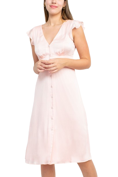 V-Neck Button Down Ruffle Sleeve Banded Waist Slit Side Crepe Dress